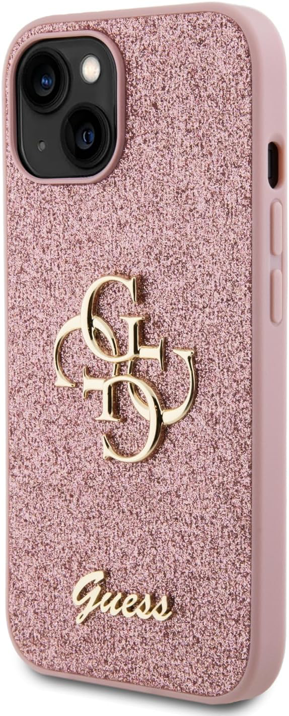 Guess Coque pour iPhone 15 6,1" Coque Rigide Rose Paillettes Script Grand 4G