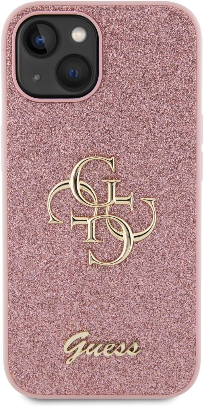 Guess Coque pour iPhone 15 6,1" Coque Rigide Rose Paillettes Script Grand 4G