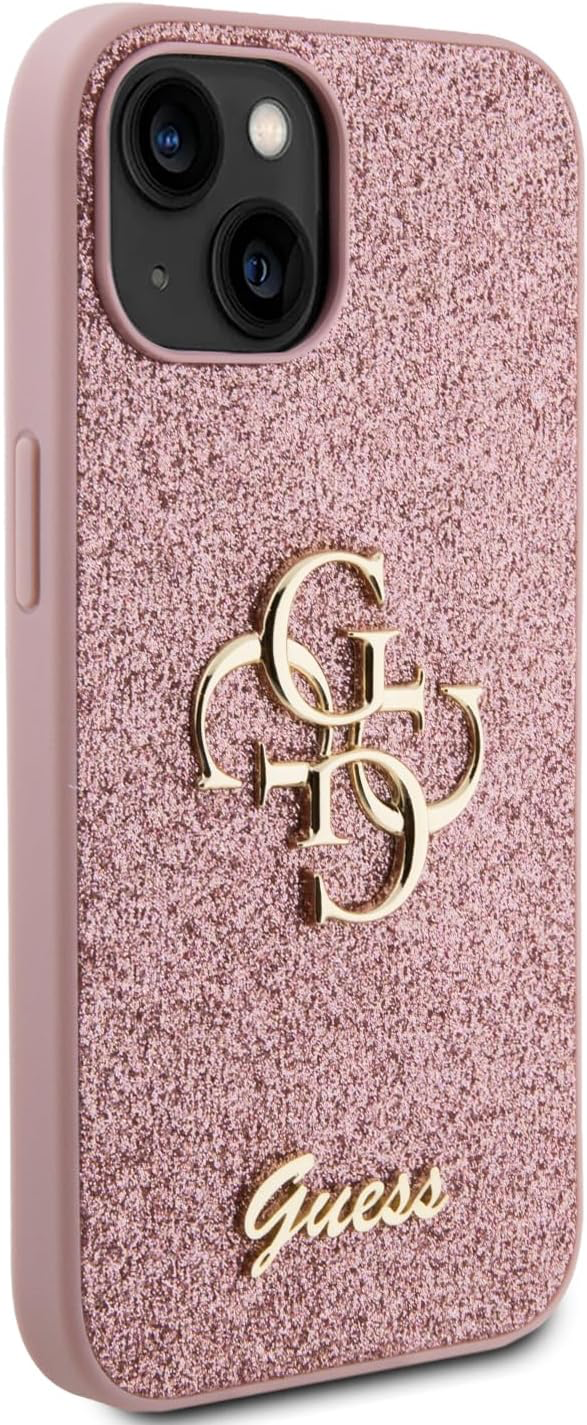 Guess Coque pour iPhone 15 6,1" Coque Rigide Rose Paillettes Script Grand 4G