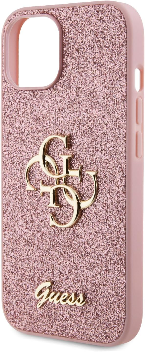 Guess Coque pour iPhone 15 6,1" Coque Rigide Rose Paillettes Script Grand 4G