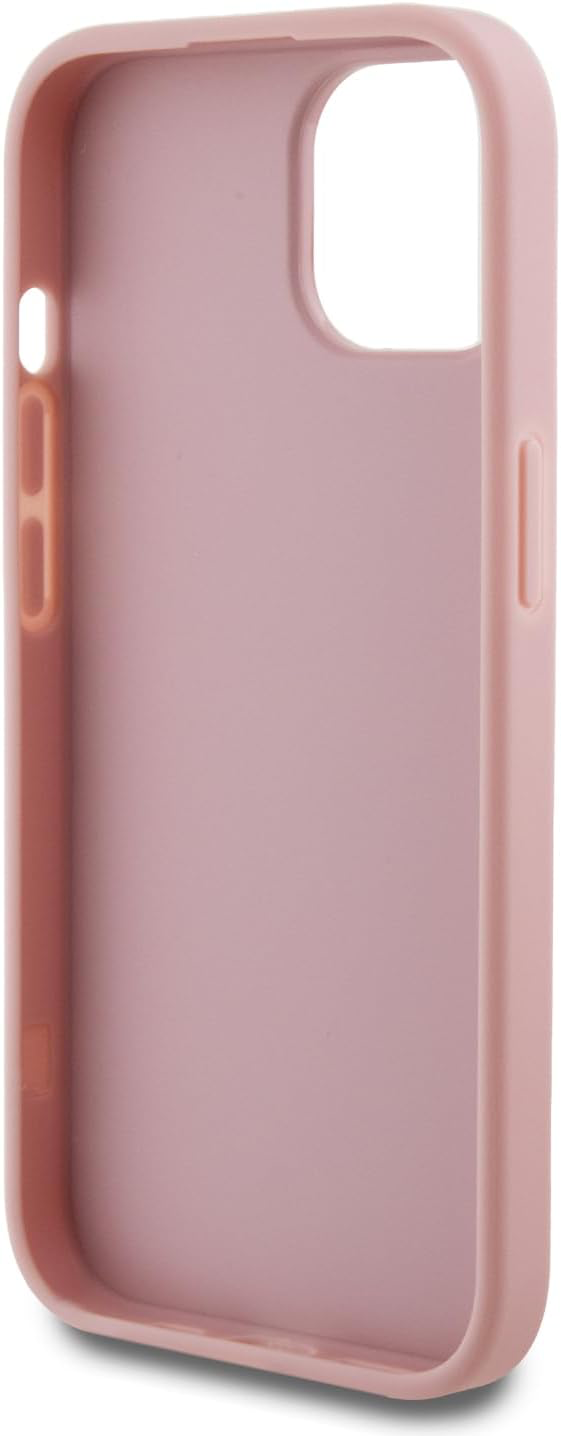 Guess Coque pour iPhone 15 6,1" Coque Rigide Rose Paillettes Script Grand 4G