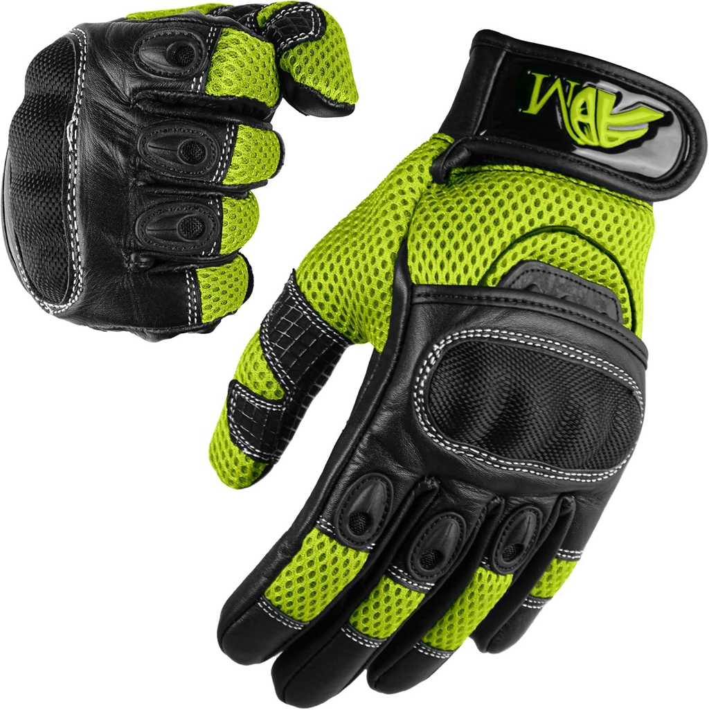 ADM Gants Moto Femme Homologués CE Cuir Été Hiver Mi-Saison Gants Scooter Femme CE Noir & Vert Fluo. Tactiles Souples Respirants