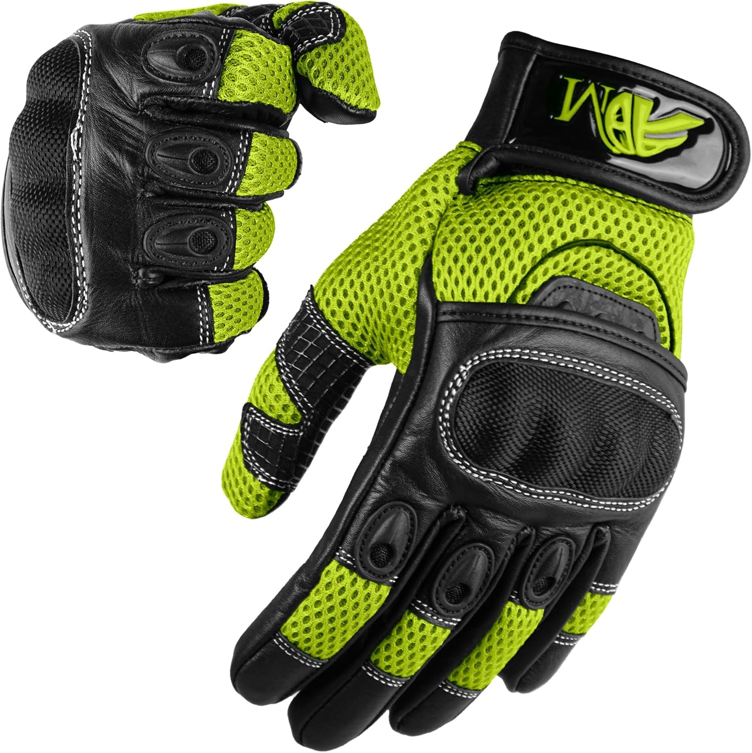 ADM Gants Moto Femme Homologués CE Cuir Été Hiver Mi-Saison Gants Scooter Femme CE Noir & Vert Fluo. Tactiles Souples Respirants