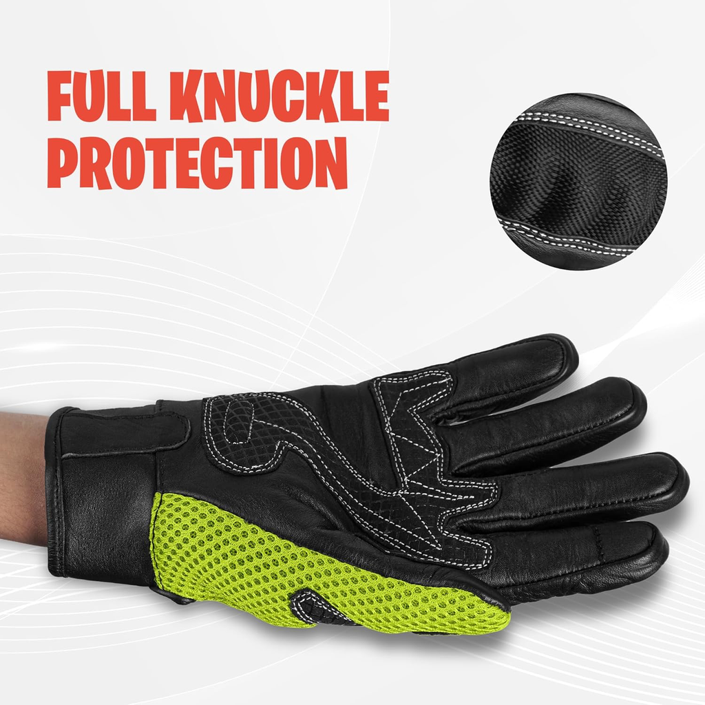 ADM Gants Moto Femme Homologués CE Cuir Été Hiver Mi-Saison Gants Scooter Femme CE Noir & Vert Fluo. Tactiles Souples Respirants