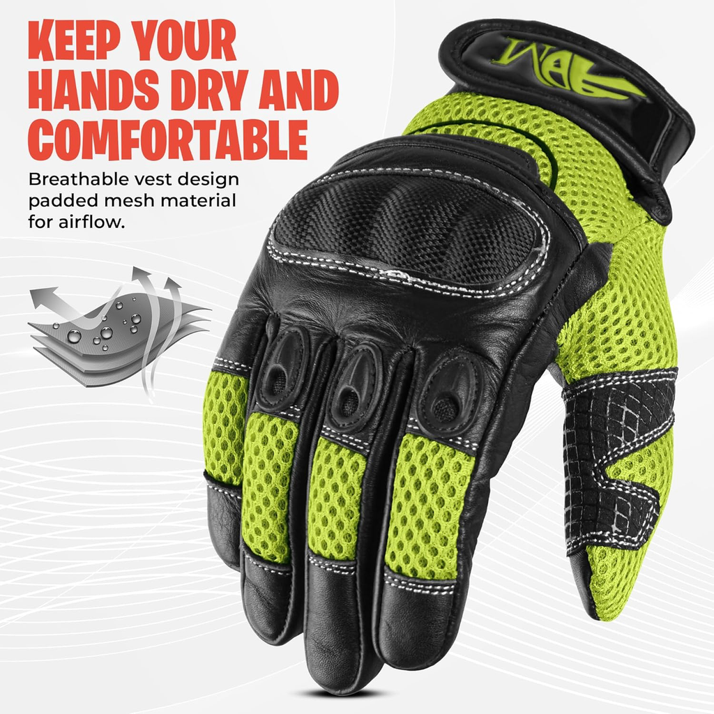 ADM Gants Moto Femme Homologués CE Cuir Été Hiver Mi-Saison Gants Scooter Femme CE Noir & Vert Fluo. Tactiles Souples Respirants