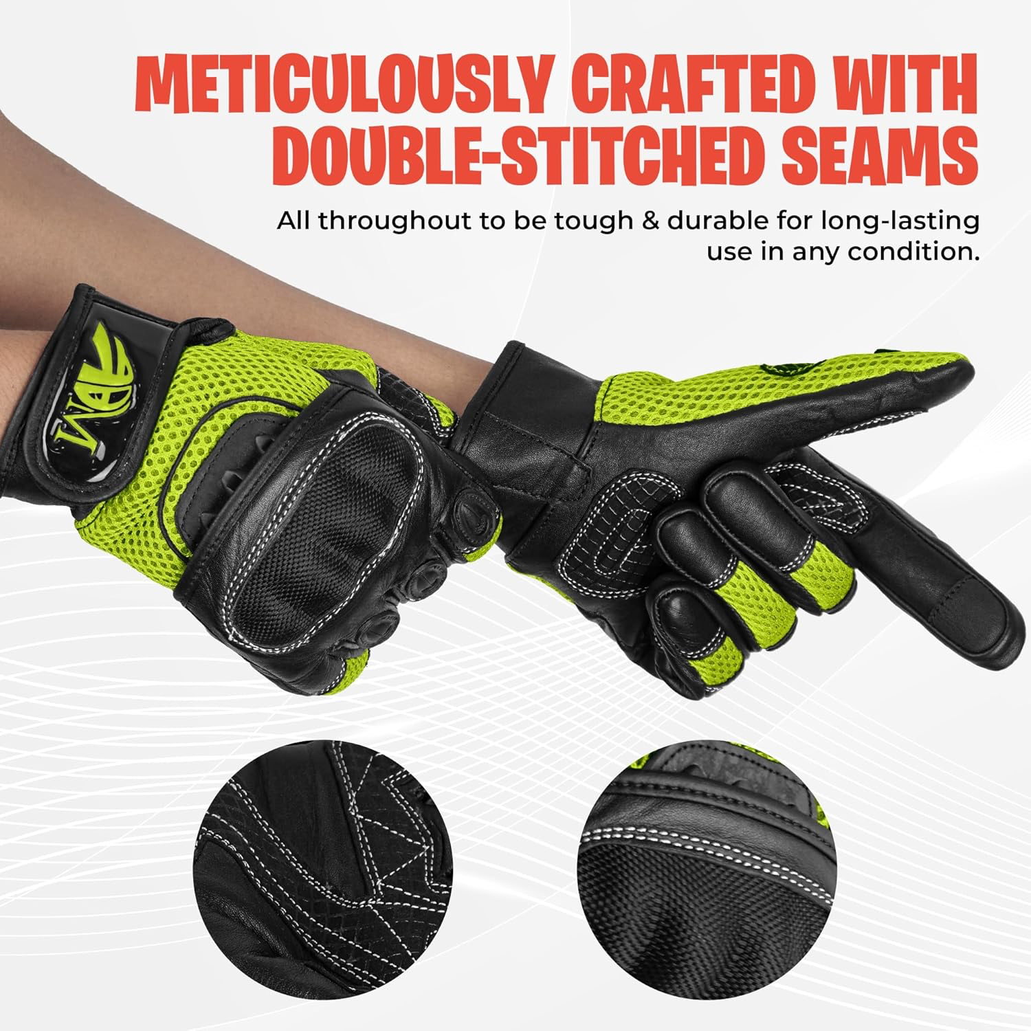 ADM Gants Moto Femme Homologués CE Cuir Été Hiver Mi-Saison Gants Scooter Femme CE Noir & Vert Fluo. Tactiles Souples Respirants