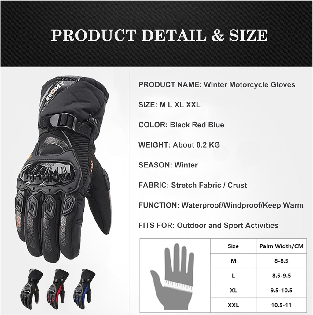 Gants d’Hiver Chaud étanche Manches Longues Écran Tactile,Gants Moto épais Coupe-Vent Doigt Protection Résistance Antidérapant Main Protecteur Unisex Sports Ski Snowboard Vélo Alpinisme