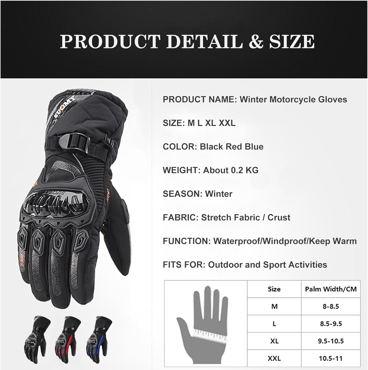 Gants d’Hiver Chaud étanche Manches Longues Écran Tactile,Gants Moto épais Coupe-Vent Doigt Protection Résistance Antidérapant Main Protecteur Unisex Sports Ski Snowboard Vélo Alpinisme