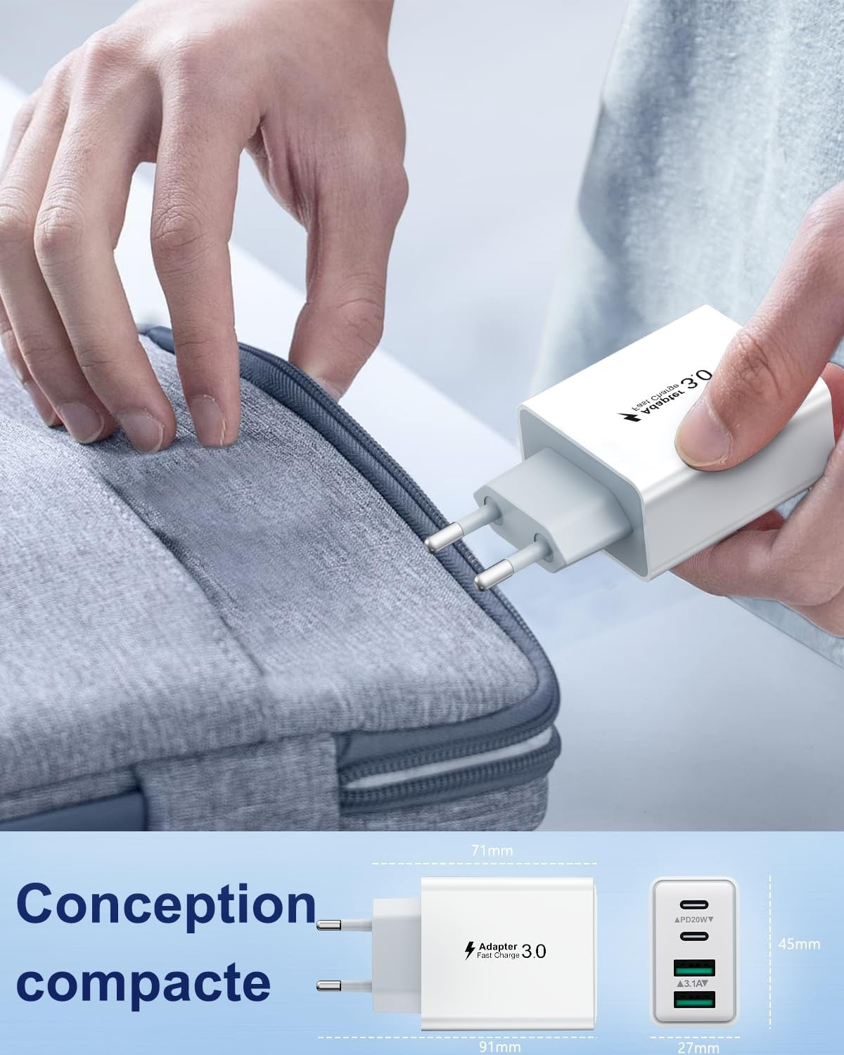 Prise Chargeur Rapide USB C, USB A 20W 4 Port Multiple Secteur