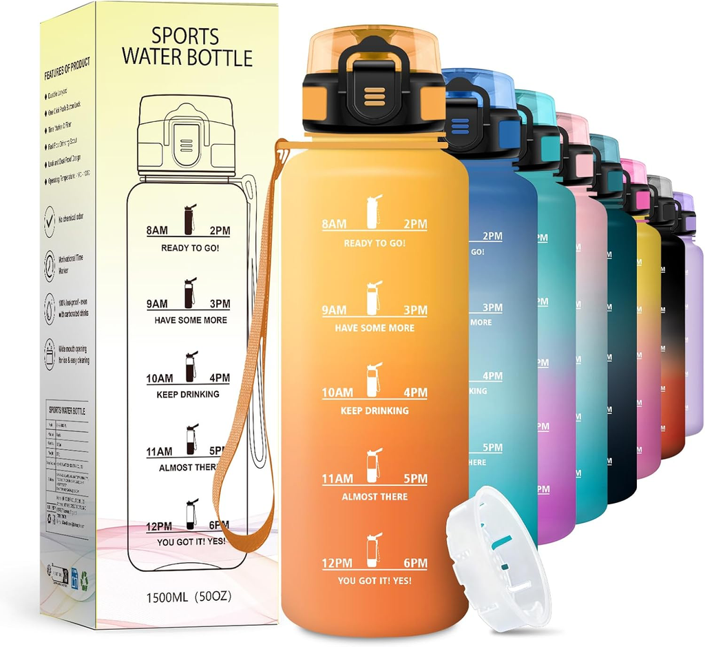 Gourde 1.5L, Bouteille Motivation avec Marqueur de Temps, Gourde avec Filtre, Étanche, Reutilisable pour Voyage, Camping, Bureau