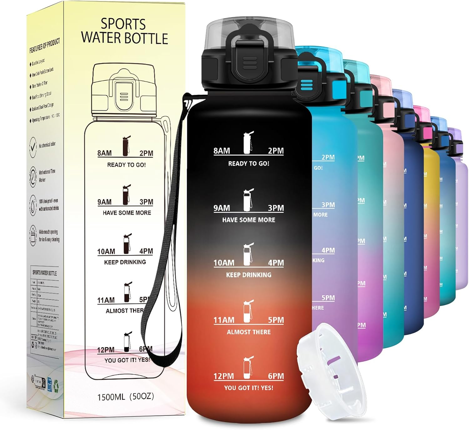 Gourde 1.5L, Bouteille Motivation avec Marqueur de Temps, Gourde avec Filtre, Étanche, Reutilisable pour Voyage, Camping, Bureau