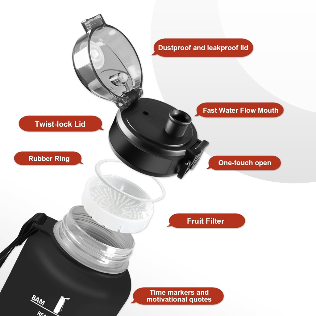 Gourde 1.5L, Bouteille Motivation avec Marqueur de Temps, Gourde avec Filtre, Étanche, Reutilisable pour Voyage, Camping, Bureau