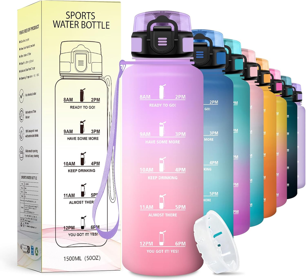 Gourde 1.5L, Bouteille Motivation avec Marqueur de Temps, Gourde avec Filtre, Étanche, Reutilisable pour Voyage, Camping, Bureau