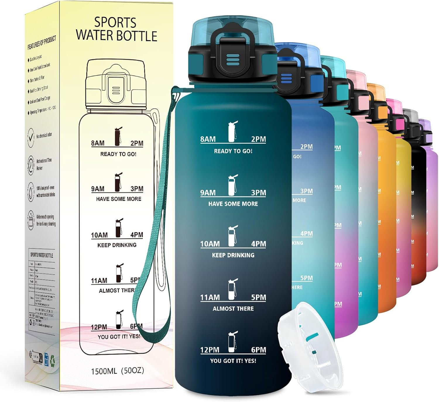 Gourde 1.5L, Bouteille Motivation avec Marqueur de Temps, Gourde avec Filtre, Étanche, Reutilisable pour Voyage, Camping, Bureau