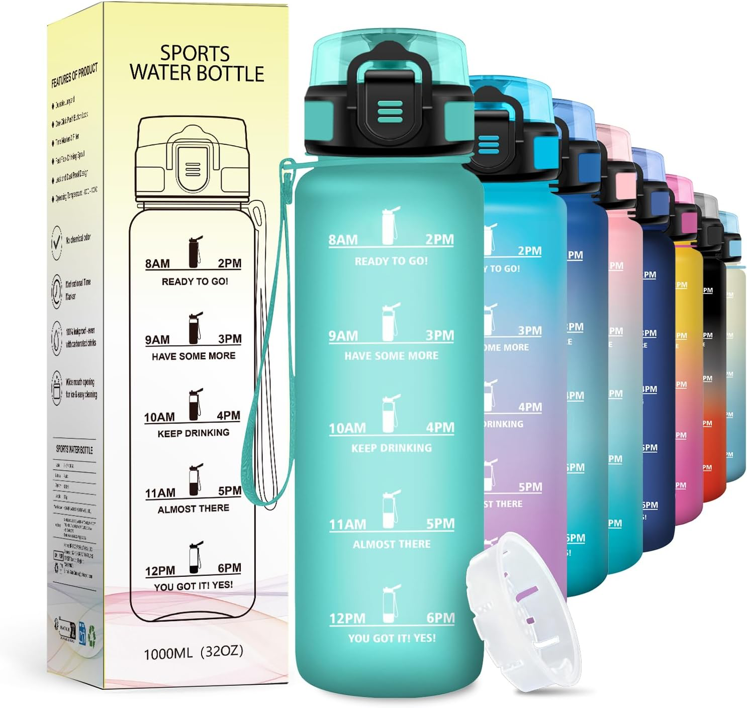 Gourde 1L, Bouteille d'eau avec Marqueur de Temps et Filtre, Étanche & Réutilisable, Bouteille pour Voyage, Randonnée, Cyclisme, Bureau