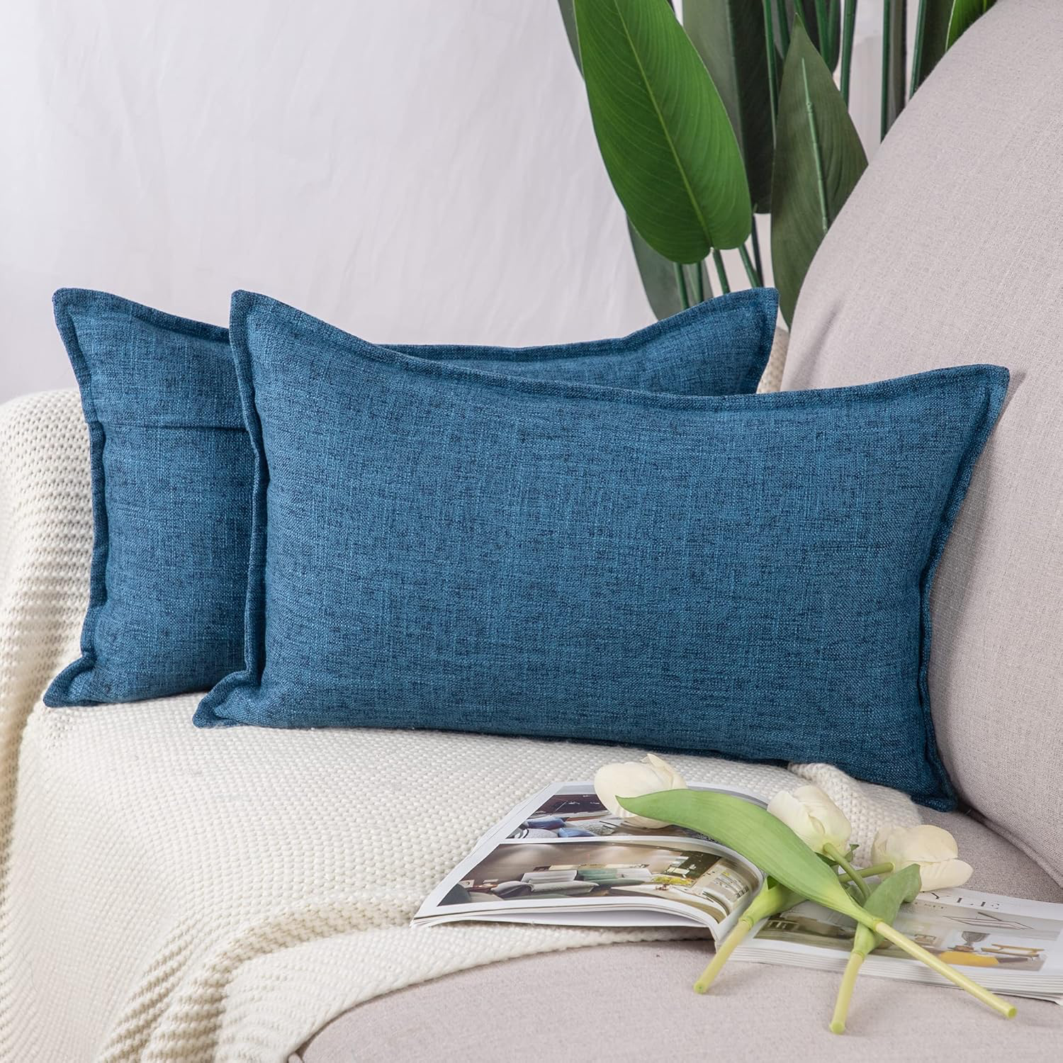 Madizz Lot de 2 Housses de Coussin Doux Lin Décoratif Coussin Couvre Style De Luxe pour canapé Chambre Bleu foncé, Beige