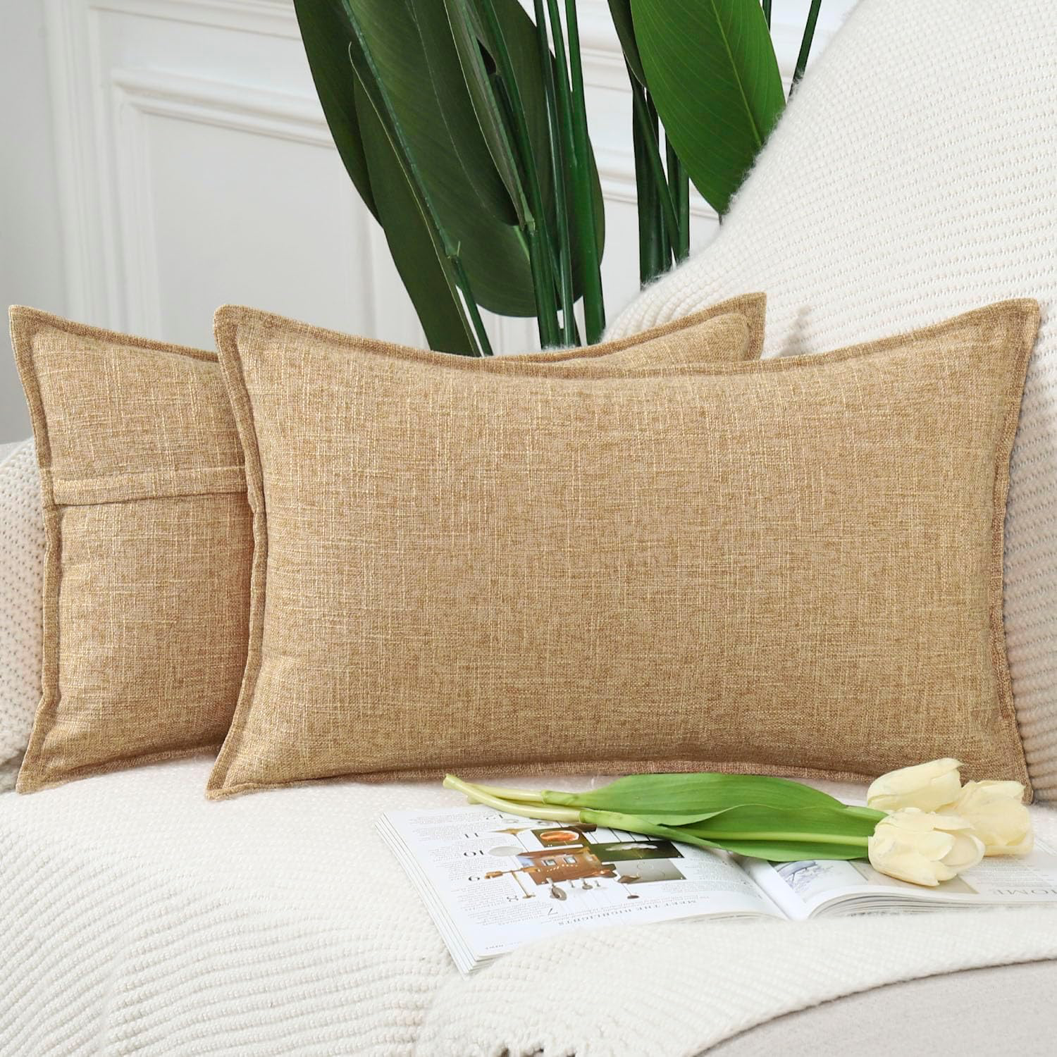 Madizz Lot de 2 Housses de Coussin Doux Lin Décoratif Coussin Couvre Style De Luxe pour canapé Chambre Bleu foncé, Beige