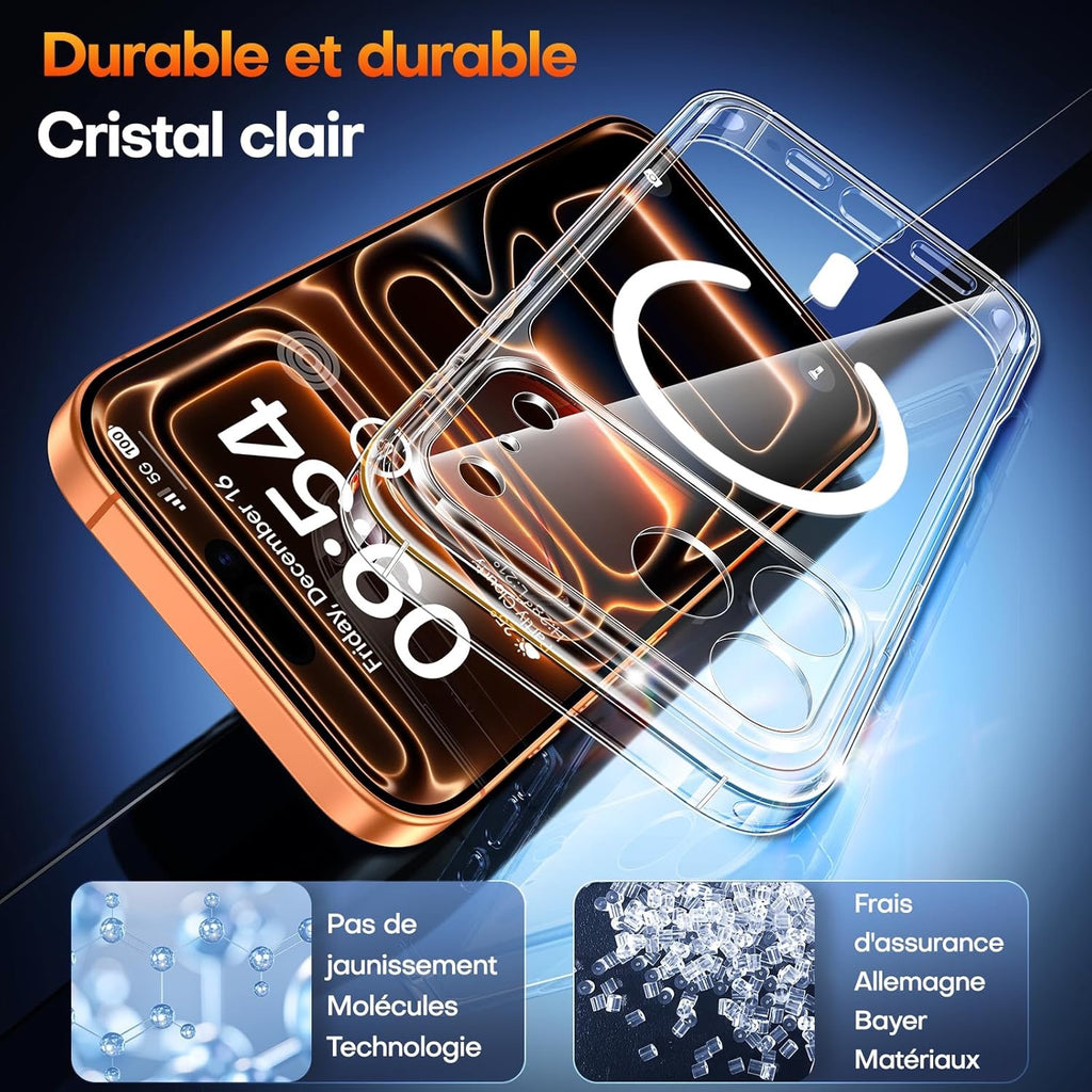 Coque Magnétique pour iPhone 17 Pro avec Protection écran,Protection Totale de la Caméra, [Compatible avec MagSafe] Protection Militaire Anti-Choc Mince - Transparent