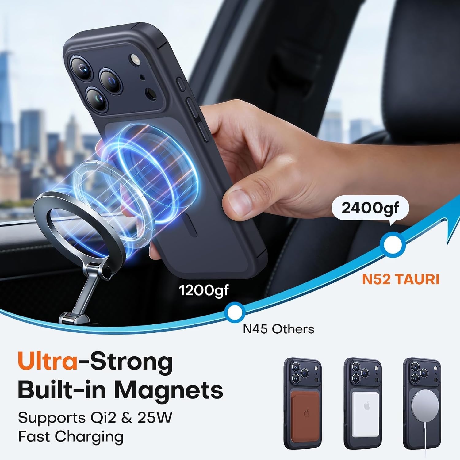 TAURI Coque Magnétique pour iPhone 17 Pro Max avec Protection Totale de l'objectif, [Compatible avec MagSafe] Protection des Boutons de Caméra,Protection Militaire Anti-Choc Mince - Noir, Orange