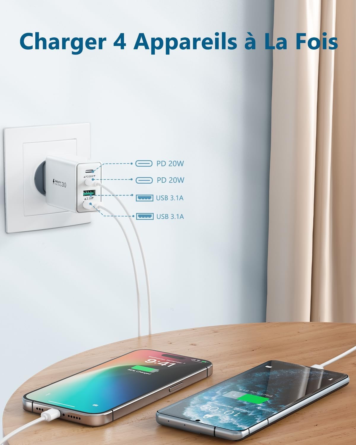 Prise Chargeur Rapide USB C, USB A 20W 4 Port Multiple Secteur