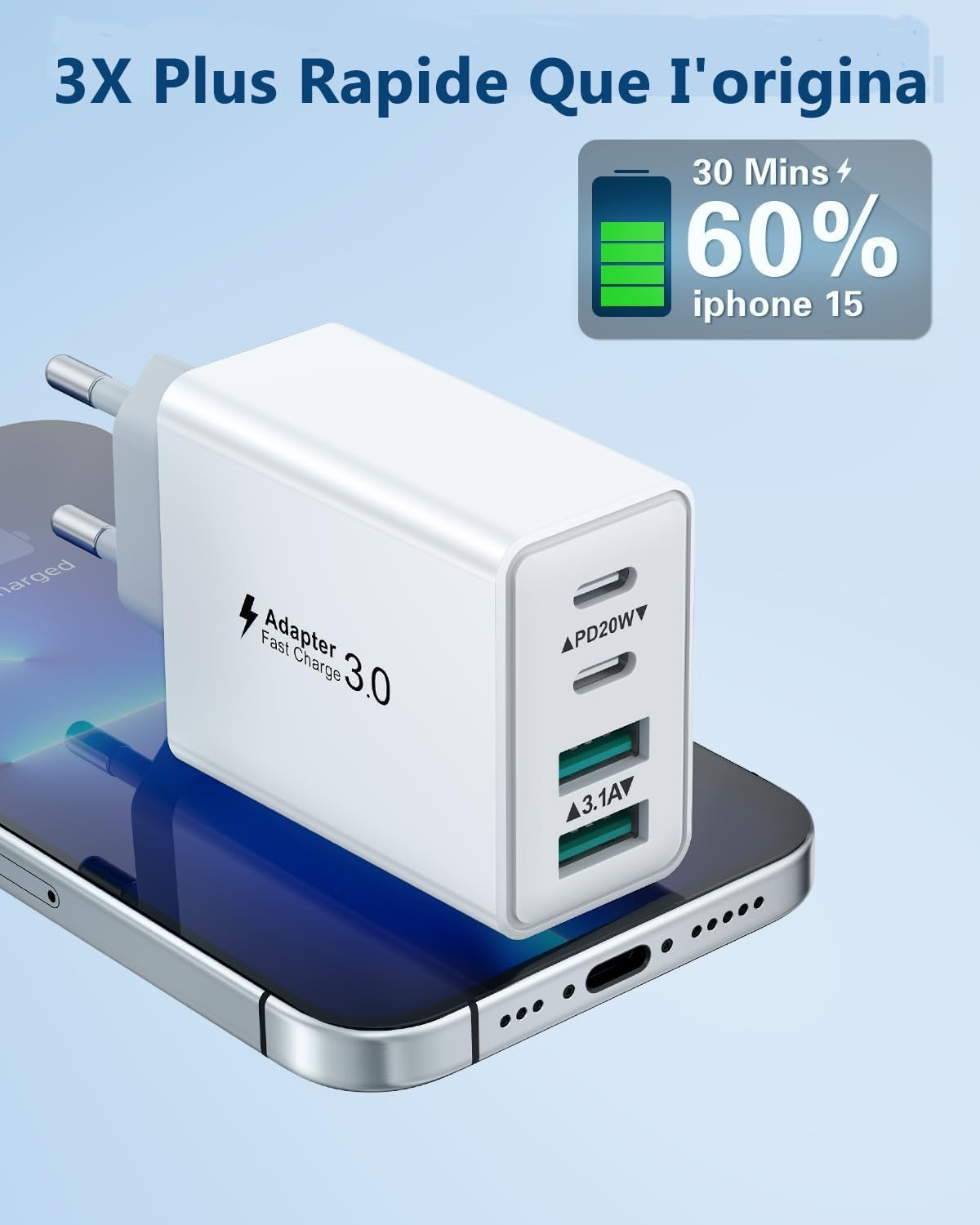 Prise Chargeur Rapide USB C, USB A 20W 4 Port Multiple Secteur